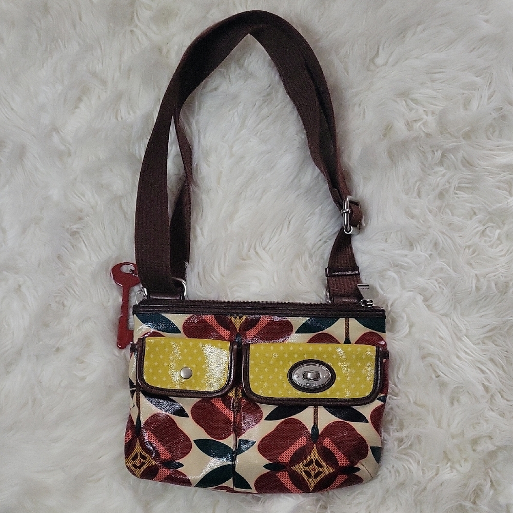 Fossil Brown and Yellow Crossbody Bag with Geometric Design